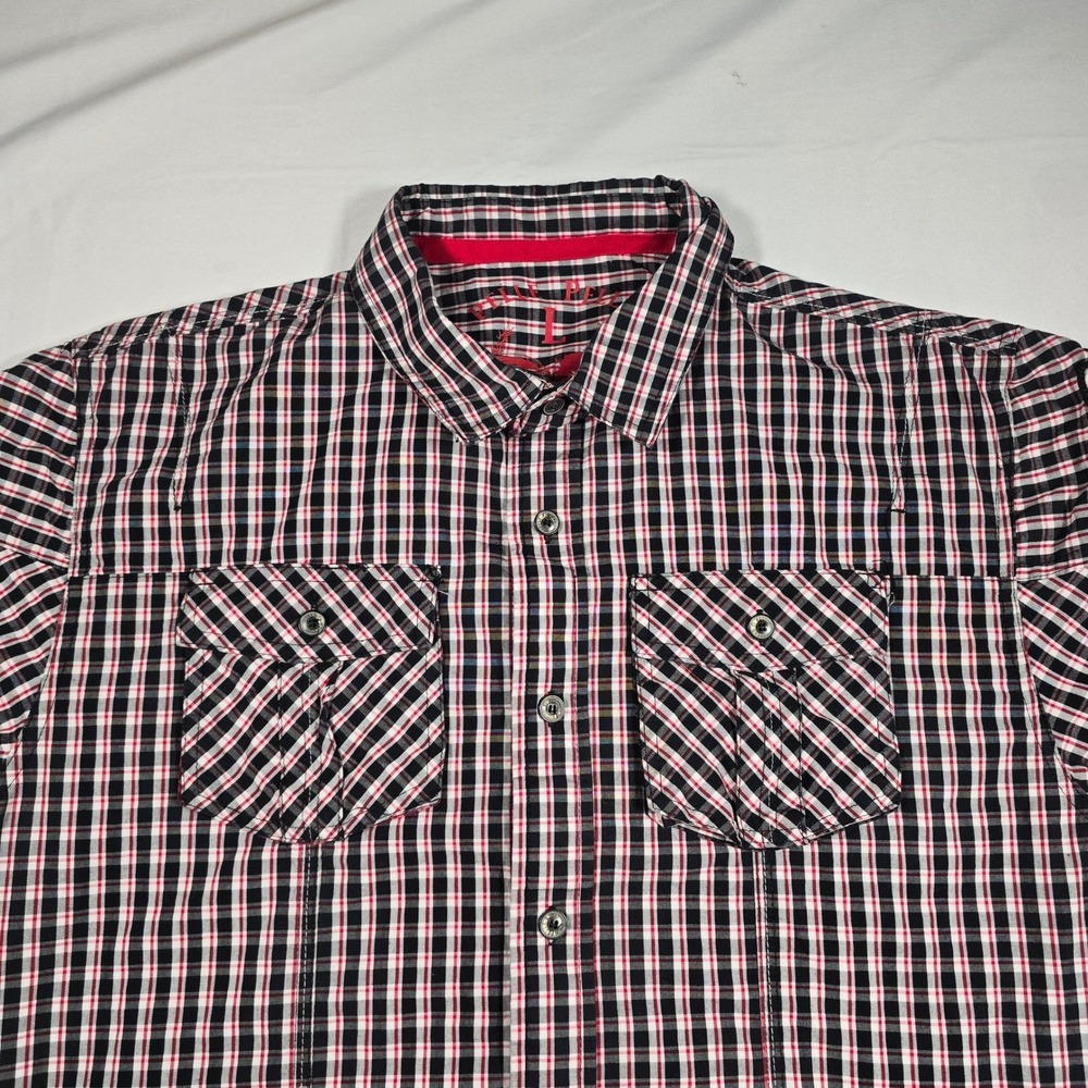Pelle Pelle Mens Large Red Black Plaid Short Sleeve Button Up Shirt Streetwear